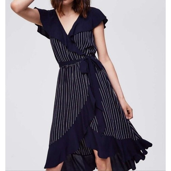 LOFT Dresses & Skirts - Ann Taylor Loft Pinstripe Navy Ruffle Wrap Midi Dress Size M
